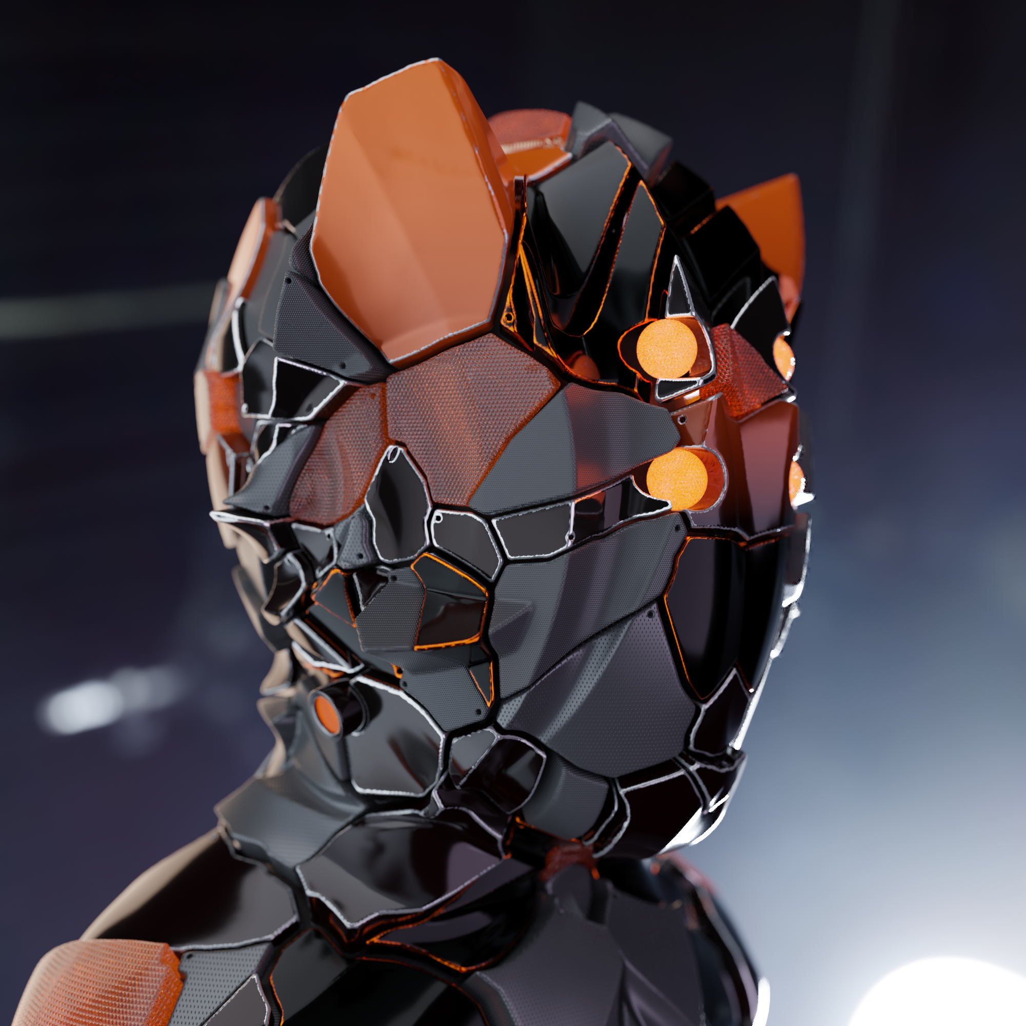 Metallic futuristic helmet with orange accents facing to the right.
